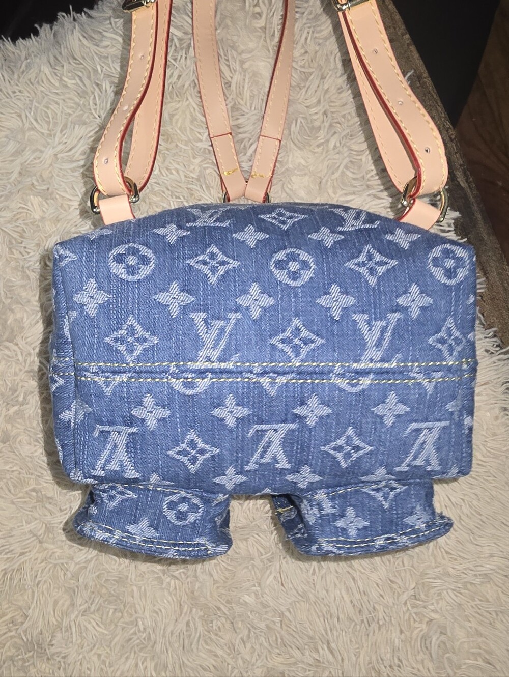 Cotton Remix Blue Monogram Denim Midi Backpack Tan Trim - Picture 12 of 16